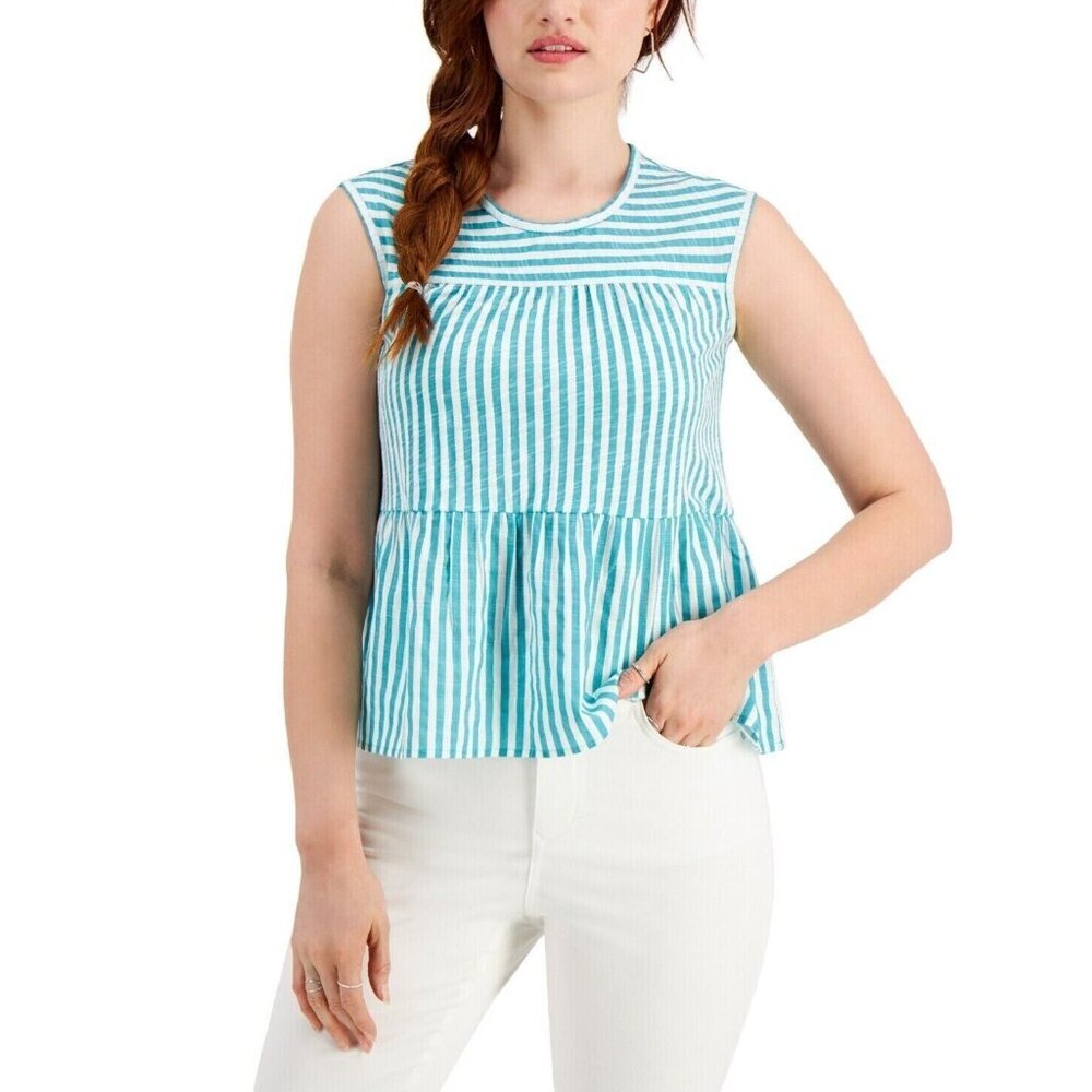 MSRP $34 Style & Co Cotton Striped Tiered Tank Top Green Size S
